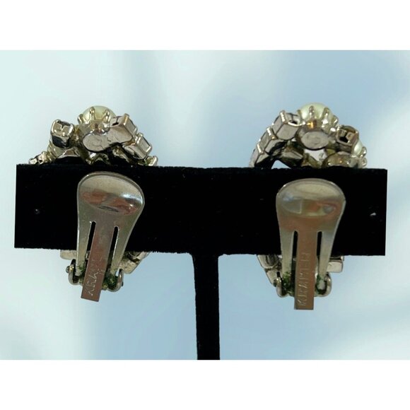 Vintage Kramer Clip-On Earrings Light Blue Crystal Aurora Borealis & Pearls - Picture 5 of 7